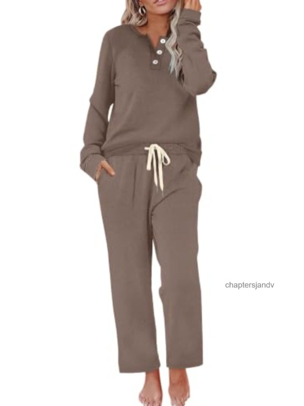 Two Piece Lounge Set Button Down Henley Wide Leg Pants Polyester Blend